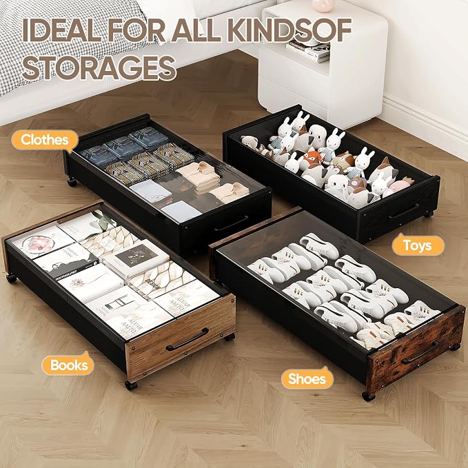 KITHELP Wooden Under Bed Storage with Wheels, Rolling Under the Bed Storage Bins with Removable Lid, Metal Under Bed Drawers for Clothes and Shoes in Bedroom or Living Room(Black Wood-1pack)