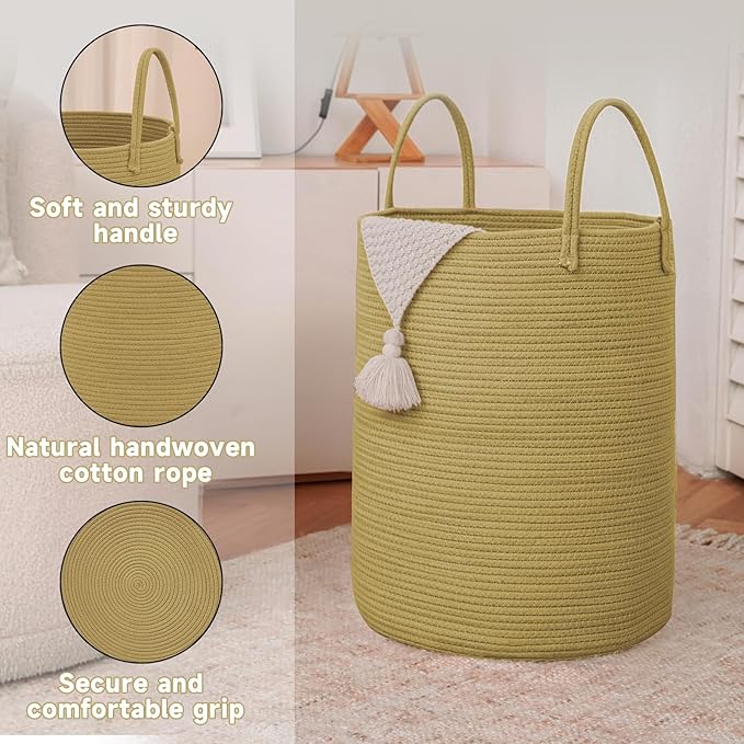 JMvicyroam Large Woven Laundry Basket Hamper,60L Cotton Rope Storage Bin for Blankets,Toys and Clothes,Decorative Tall Nursery Hamper for Living Room,Baby Nursery,Bathroom and Bedroom,Jute