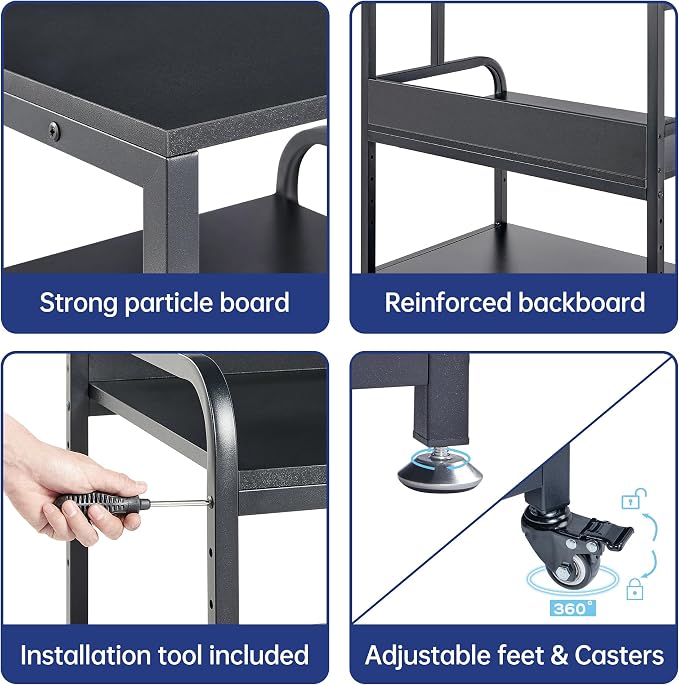 Fannova 25.6" x 23.6" Extra Large Printer Stand Table with Adjustable Storage Shelf, 3 Tier Rolling Printer Cart with Industrial Wheels for Home Office, Black