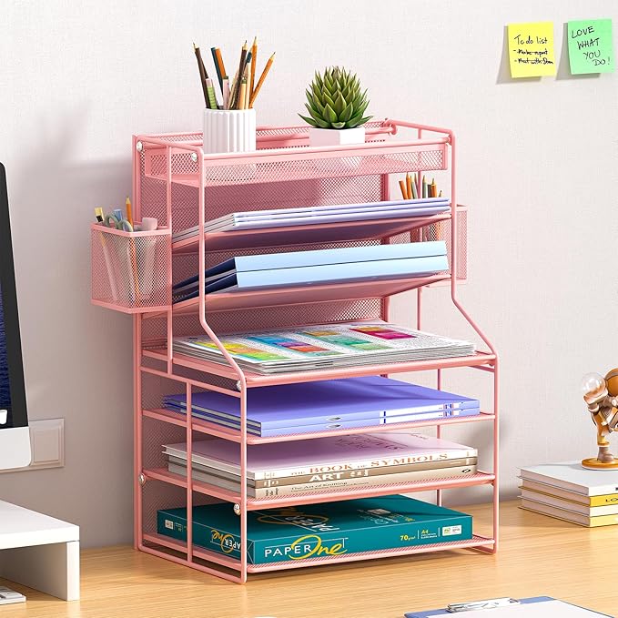 7 Tier Desk File Organizer,Metal Document Holder with Adjustable Shelves, Pull-Out Drawer & Removable Pen Holder for Office Organization,Pink