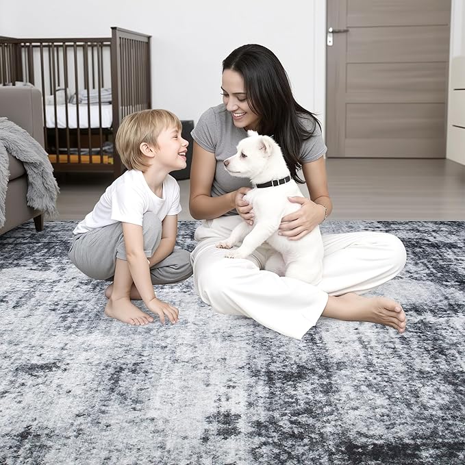 5x5 Area Rug Living Room Rug: Washable Modern Abstract Soft Thin Rug Indoor Floor No Slip Stain Resistant Carpet for Bedroom Dining Room Farmhouse Nursery Home Office - Dark Black