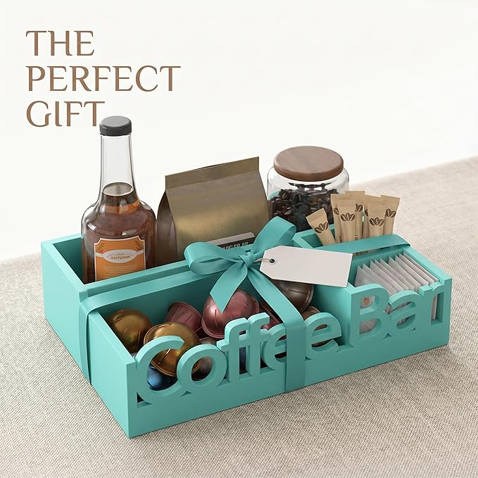 Coffee Bar Organizer for Countertop - Wood Coffee Pods Holder Storage Basket, Essential Coffee Bar Accessories for Home and Office, Condiment Station, Mini Coffee Bar