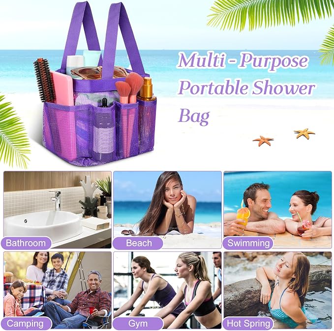 Hillban 4 Pcs Mesh Shower Caddy Portable Shower Caddy for Dorm Beach Mesh Bags with Deeper 8 Pockets and Handles Showers Caddies Basket for Women College Room Vacation(Purple)