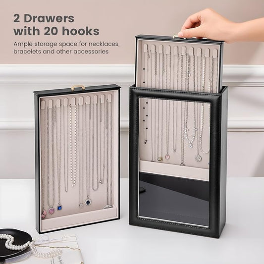 Lolalet Necklace Organizer Box, Jewelry Storage Box with Clear Window for Necklaces Bracelets, Tangle-Free Necklace Display Case for Women Girls, Black, 2 Layers 20 Hooks