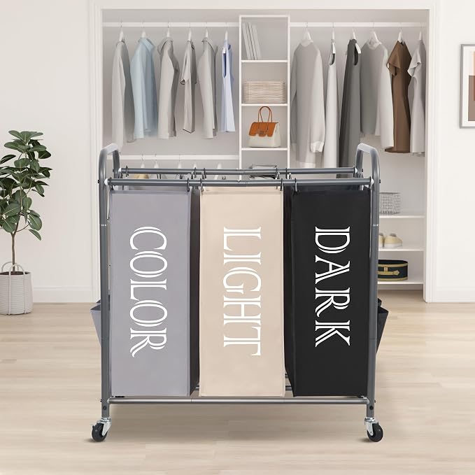 STORAGE MANIAC 3 Section Laundry Sorter, 35.9 Gal (136 L) Laundry Hamper Cart with Heavy Duty Rolling Lockable Wheel and Removable Bag, Clothes Organizer Basket Clothes Separator Hamper, Multicolored