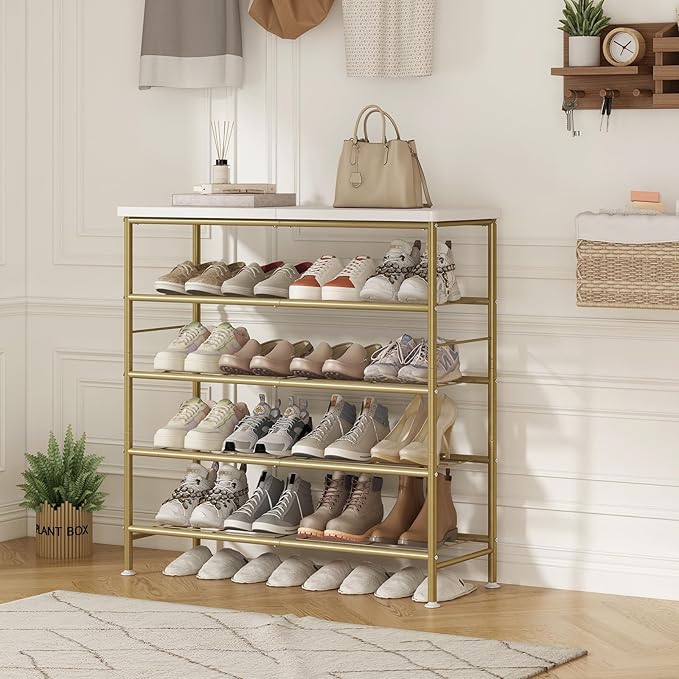 SUOERNUO Shoe Rack Organizer 5 Tier for Closet Entryway Free Standing Metal Storage Shoe Shelf with MDF Top Board,Gold
