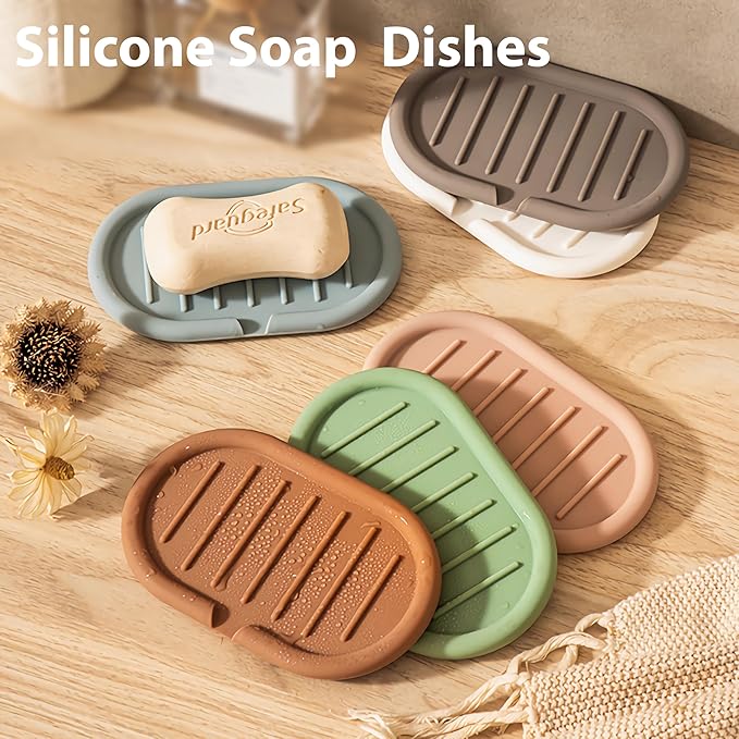 Self-Draining Oval-Shaped Silicone Soap Dish, Soap Holder/Tray/Saver for Shower, Bathroom, Kitchen, Keep Soap Dry, Easy to Clean (2, Light Color)
