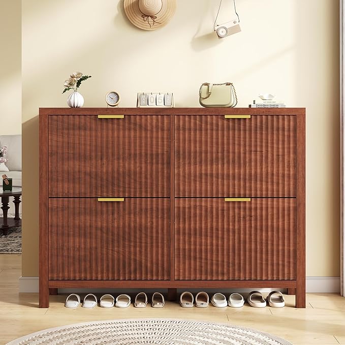 Shoe Cabinet Storage for Entryway, Fluted Walnut Shoe Cabinet with 4 Flip Drawers, Hidden Shoe Rack Freestanding Wooden Shoe Organizer with Legs for Hallway