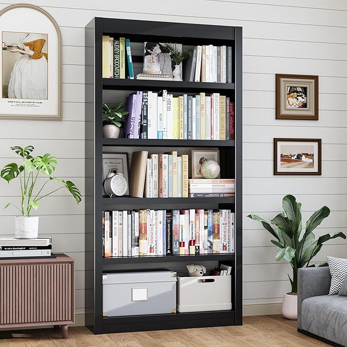 5-Tier Metal Bookshelf, 69" Tall Black Bookcase with Adjustable Shelves, Heavy Duty Deep Book Shelves, Display Storage Shelving for Living Room, Home Office, Library, Bedroom