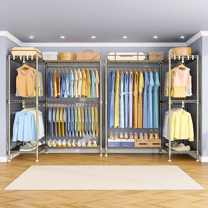 E15 Pro Garment Rack L Shaped Clothes Rack for Corner,Freestanding Clothing Racks for Hanging Clothes,Heavy Duty Closet System with 4 Hanging Rods & 8 S Hooks,48.8"W x 15.8"D x 78.4"H,Gold