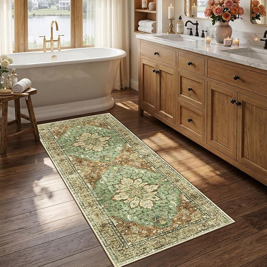RELEANY Area Rugs Runner 2'6"x5' Washable Non-Slip, Floral Vintage Distress Medallion Carpet for Kitchen Hallway Bedroom Beside Laundry Room Bathroom, Terracotta Burnt Orange Green