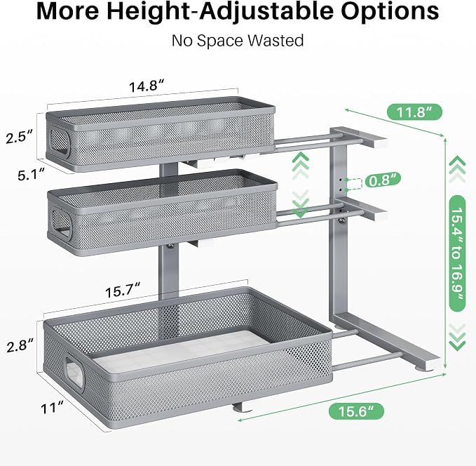 Kitstorack Under Sink Organizer, 2-Pack 3-Tier Height Adjustable Thickened Metal Pull out Cabinet Organizer Shelf, Slide out Storage Drawer Rack for Bathroom Kitchen Pantry Home Organization, Grey