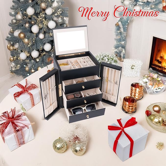 Dajasan Large Jewelry Box for Women, Jewelry Organizer Box with 3 Drawers, Jewelry Storage Organizer with Mirror for Necklace Ring Bracelet Watch, Gift Idea, 8.7 x 7.5 x 9.8 Inches (Black)