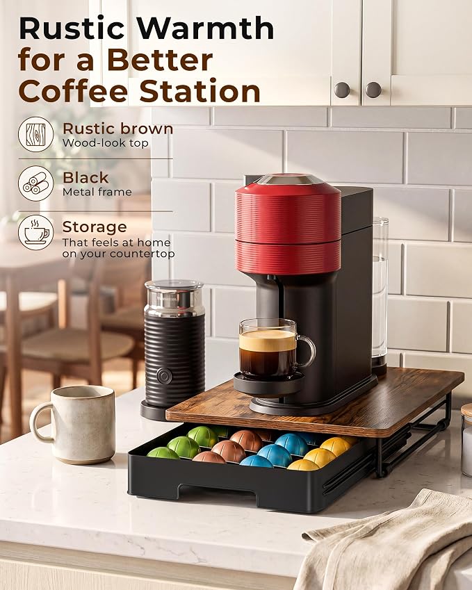 EVERIE Coffee Pod Drawer Compatible with Nespresso Vertuo Capsules, Low Profile Wooden Pod Holder, 24-Slot Rustic Brown Organizer with Metal Frame, 15.9 x 12 x 3 In