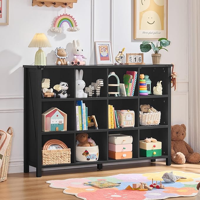 12 Cube Storage Organizer, Farmhouse 62 Inch Wide Black Oak Display Bookshelf, Wooden 3 Tier Large Open Book Shelf, Vintage Bookcase for Home Office, Cubby Cabinet for Living Room, Office