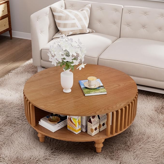 2-Tier Round Coffee Table 30.7" Round Coffee Table with Storage Mid-Century Modern Circle Accent Center Table Farmhouse Low Cocktail Tea Furniture for Living Room Small Spaces (30.7" Round)