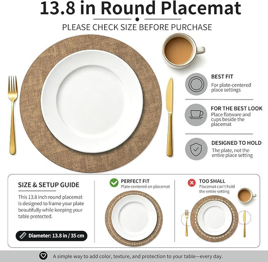 Maxpearl Round Placemats Set of 6, 13.8 inch Faux Leather Heat Resistant Table Mats, Non Slip Waterproof Wipeable Place Mats for Kitchen Dining Holiday Party Table Settings, Brown