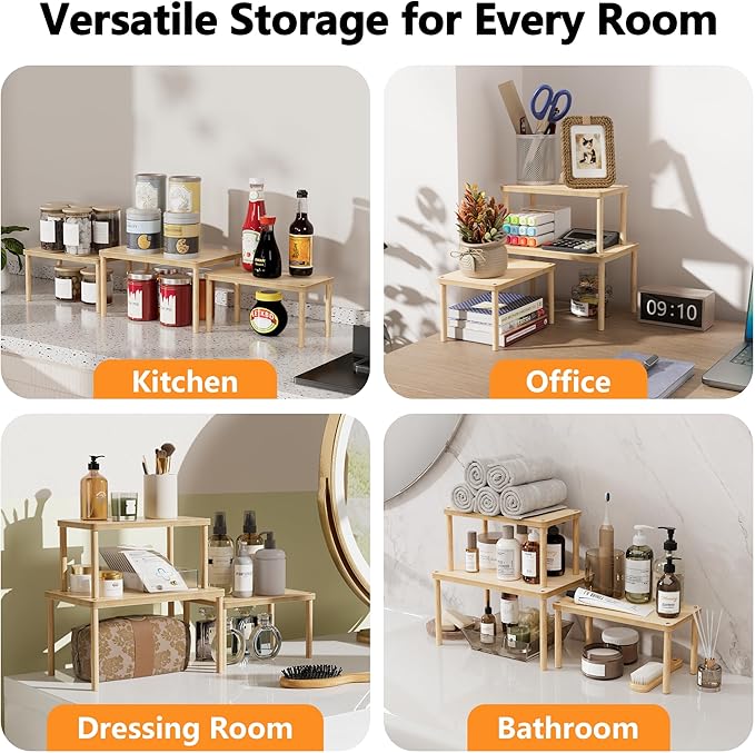 Cabinet Storage Organizer Shelf, Set of 3 Kitchen Cabinet Shelves, Stackable Cabinet Risers, Spice Rack Organizer for Countertop, Under Sink, Bathroom, Pantry Organization with Non-Slip Mat