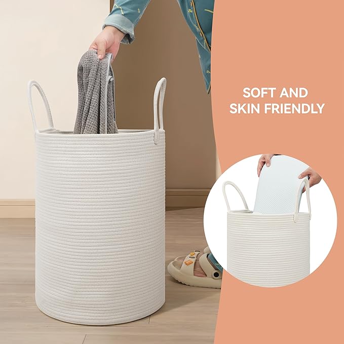 58L Cotton Rope Laundry Basket (20"x15"),Woven Basket for Storage Dirty Clothes Basket for Laundry, Living Room, Nursery, Bedroom Rope Storage Basket for Blankets(White)