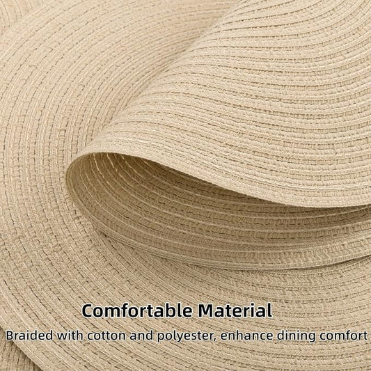 SHACOS 15 inch Round Braided Placemats Set of 6 Cotton Polyester Heat Resistant Table Mats Washable Place Mats for Dinner Party Table Decoration (Light Beige, 6)
