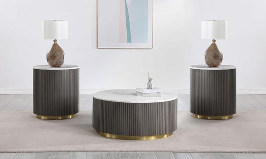 Coaster Home Furnishings - Jason - Wood and Metal - 3-Piece Coffee Table Set with Marble Tops, Reeded Drum Bases, and Gold Ring Accents - Living Room - Charcoal and White Marble - 710418-S3