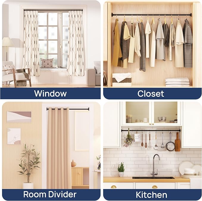 ENJOYBASICS Matte Black Shower Curtain Rod 30 to 88 Inches, Stainless Steel Adjustable Spring Tension Rods No Drill for Bathroom, Closet, Window, Room Divider, Never Rust, Non Slip