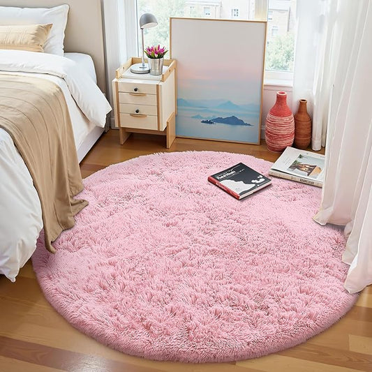 OLANLY Pink Round Rugs for Bedroom - Machine Washable, 9 ft Circle Area Rugs for Living Room, Soft and Fluffy Shaggy Carpet for Teen Girls and Boys, Nursery Rooms, Dorms, Home Decor Aesthetic