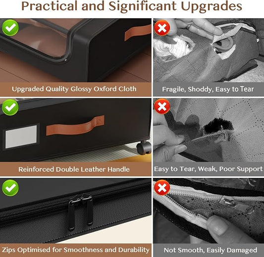 Under Bed Storage with Wheels, UnderBed Storage Containers with Clear Lid and Handles, XXL 60L Under the Bed Storage Bins Drawers for Clothes,Blankets,Shoes,Books (BLACK, 4 PACK)
