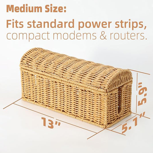 Cable Management Box, Handwoven Rattan Cable Organizer, Cord Organizer Box to Hide Cords & Power Strip, Boho Wire Hider Basket for Home Office, Dome Cover, Natural