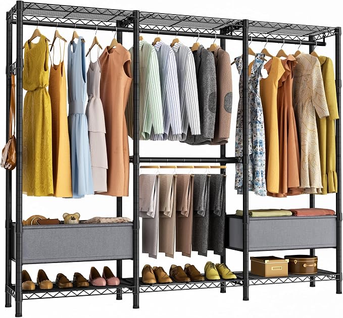 Golpart Clothes Rack Coat Rack Closet Organizers and Storage Laundry Room Organization Heavy Duty Portable Clothing Racks for Hanging Clothes Adjustable Freestanding with Shelves and Wheels Black