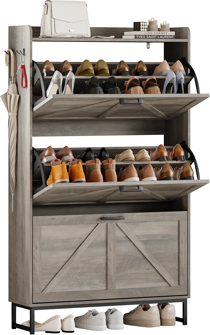 Shoe Cabinet Storage for Entryway, Shoe Storage Cabinet with 3 Flip Drawers, Freestanding Narrow Shoe Rack Organizer with Metal Legs for Foyer, Hallway, Grey
