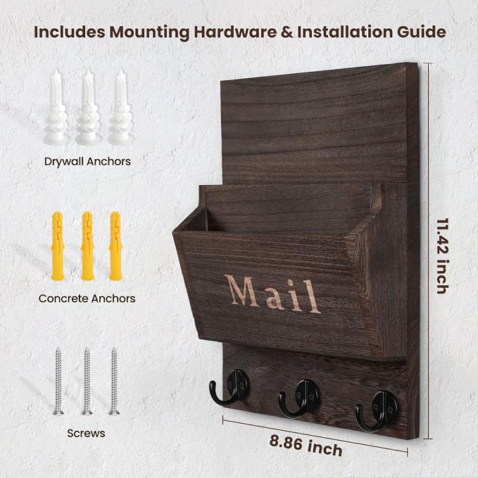 Mail and Key Holder - Decorative 8.86" x 11.42" Wall Key Hanger with 2 Mail Organizer Slots and 3 Hooks - Real Paulownia Wood with Keyhole Brackets, Hardware and Instructions (Brown)