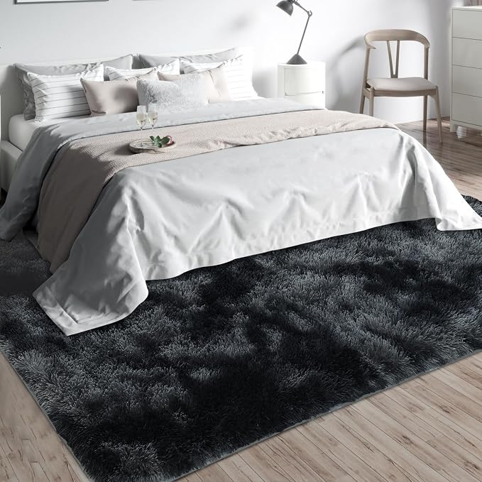 Shag Area Rugs for Bedroom Living Room,6X9 Ultra Soft Fluffy Area Rugs for Dorm,Indoor Carpet Plush Rugs for Home Decor, Black Grey
