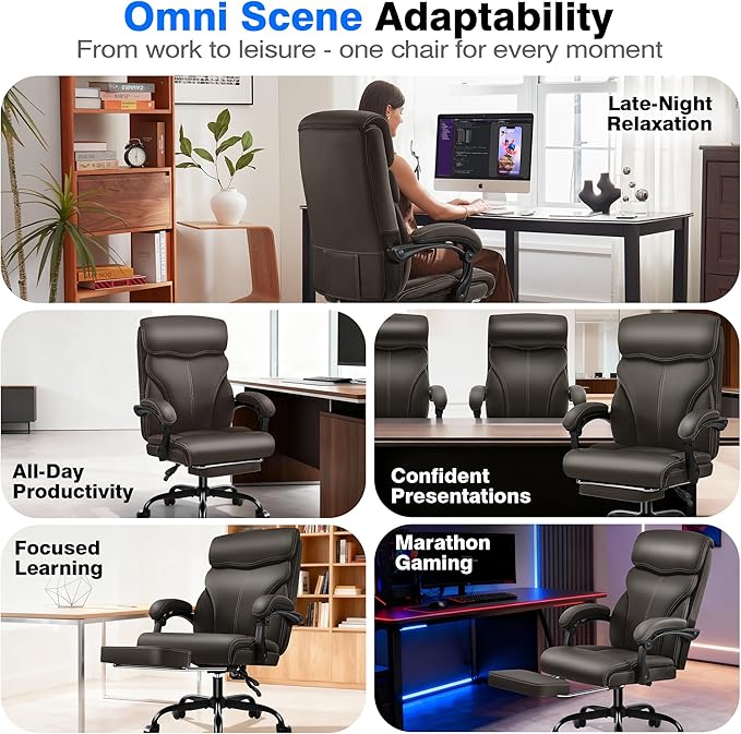 Office Chair - Ergonomic Comfortable High Back Computer Desk Chair with Foot Rest - Executive Breathable Swivel Rolling Reclining Leather Chair with Lumbar Support for Home Gaming Relaxing