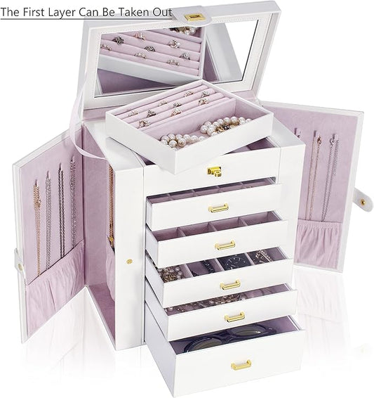 AKOZLIN 6-Tier Jewelry Box Organizer Functional 5 Drawers Leather Jewelry Storage Case for Women Girls Ring Necklace Earring Bracelet Holder Organizer with Mirror Extra Large White