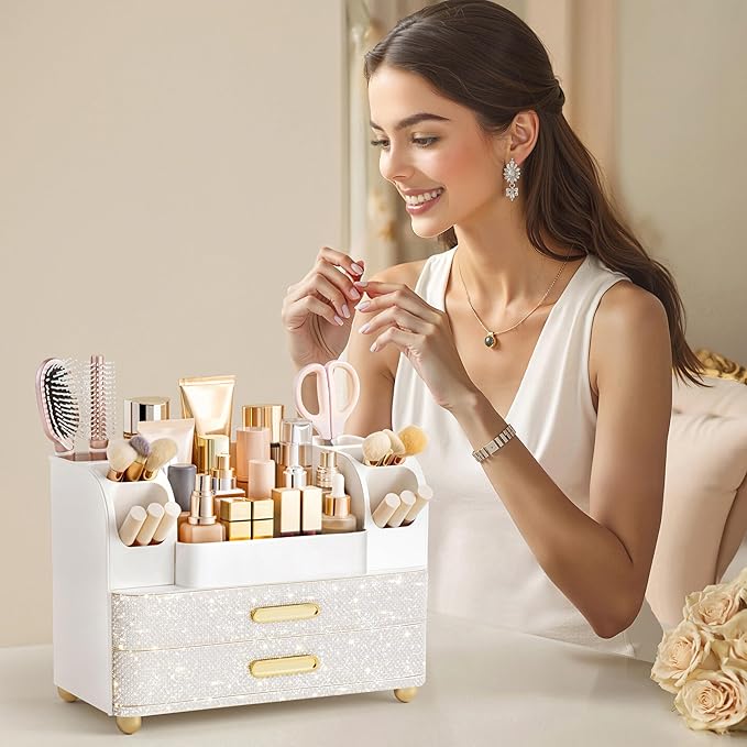 HBlife Makeup Organizer for Vanity with Brush Holder, Large Bathroom Countertop Cosmetic Organizer Skin Care Storage, Easy to Store Nail Polishes, Perfumes, Eyeshadow Palettes, Pearl All White