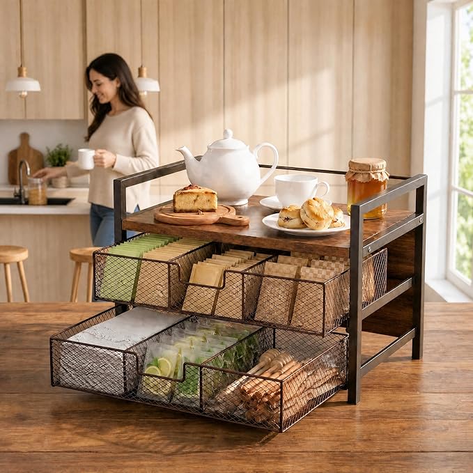 Coffee Station Organizer, Countertop Coffee Bar Holder with 2 Drawers, 4 Side Hooks, Holds 36 K Cups, Coffee Pods, Capsules, Rustic Brown Storage for Tea Bags, Syrup, Kitchen, Apartment, Home, Office