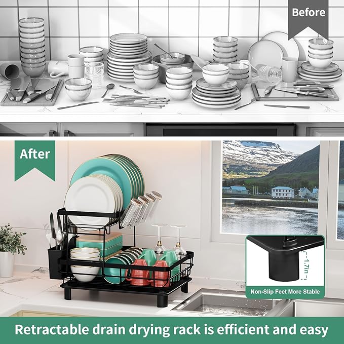 MOUKABAL Dish Drying Rack, Dish Rack, Stainless Steel Dish Racks for Kitchen Counter, Dish Drainer with Removable Utensil Holder, Drainboard (Black,2 Tier,13''W x 17''L)