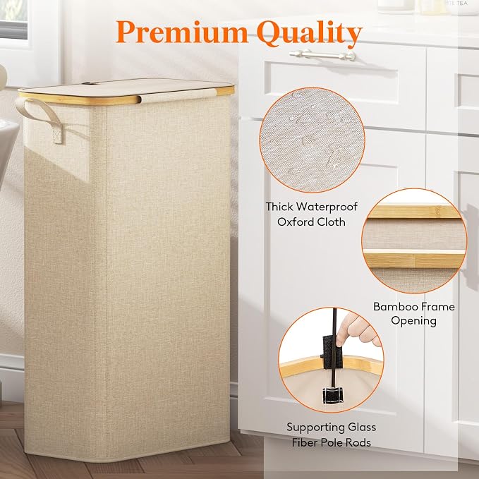 Lifewit 75L Slim Laundry Hamper with Lid, Narrow Laundry Basket with Removable Bag & Bamboo Handles, Fodable Thin Dirty Clothes Hamper for Laundry Collapsible Bin for Bathroom Bedroom Dorm, Beige