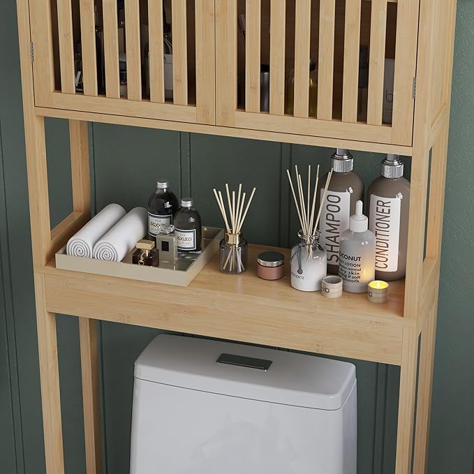 HOMCOM Bamboo Over The Toilet Storage Cabinet, Over Toilet Bathroom Organizer with Slatted Doors, Adjustable Shelf and Open Shelf, Natural