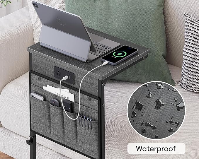 Vagusicc C-Shaped End Table Set of 2 with Charging Station, C Table End Table Adjustable Height Side Table for Couch, Slide Under Sofa Table TV Tray Tables for Living Room,Bedroom,Bedside, Gray Walnut