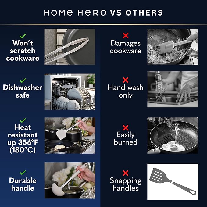 Home Hero Silicone Kitchen Utensils Set - Heat Resistant Non-Scratch Cooking Utensils - Ergonomic Silicone Spatula Set - Dishwasher Safe Kitchen Tools - 26 Piece, Stone