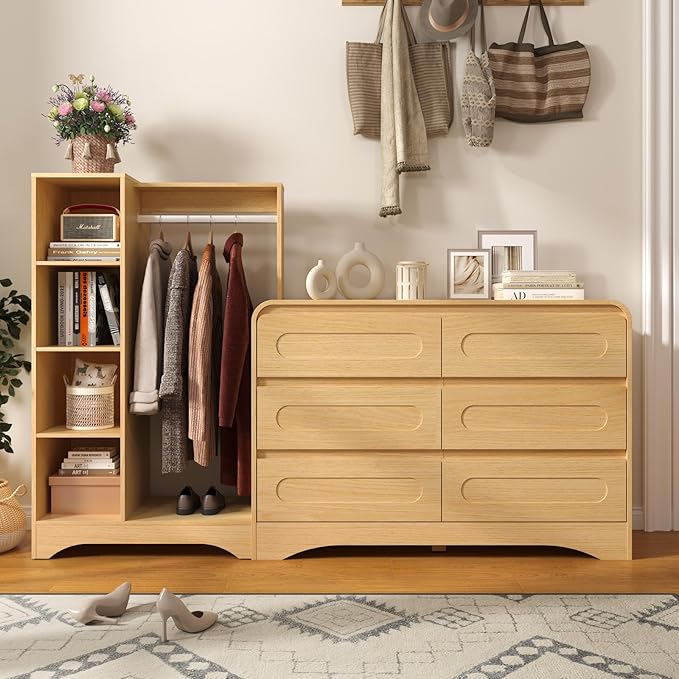Dresser with Clothes Hanging Rack, Pre-Installed Slides for Fast Installation, 3-in-1 Wardrobe Closet with Drawers and Shoe Shelves, Modern Wood Storage Armoire for Bedroom,Natural Oak