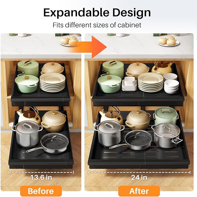 Pull out Cabinet Organizer, 4-Pack Expandable(13.6"-24") Silde out Drawers with Raising Pad for Framed Cabinets, Adjustable Full-Extension Roll out Shelves for Kitchen Pantry Home Pot and Pan(Black)