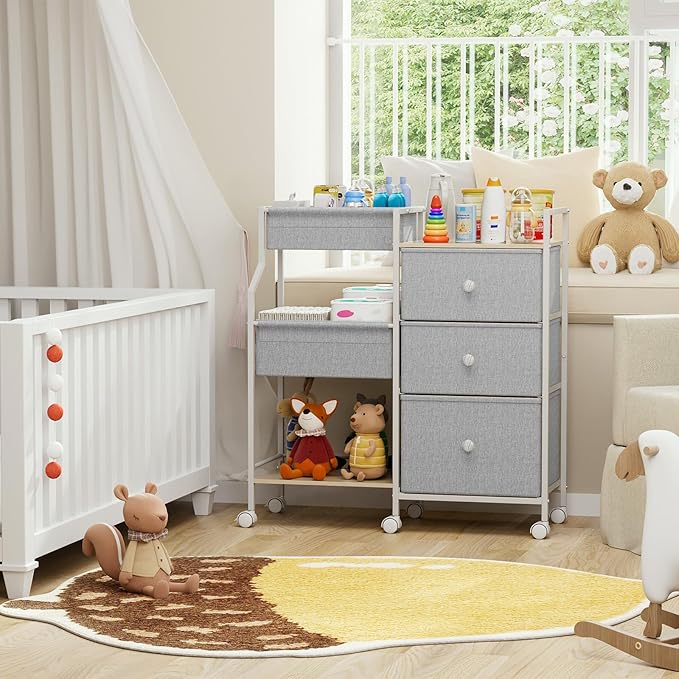 Modanais Baby Organizer and Storage - 3 Tier Rolling Cart with Dividers and Drawers, Easy To Assemble, Mobile Utility Cart with Wheels for Nursery, Bedroom, Changing Table & Crib,Light Gray
