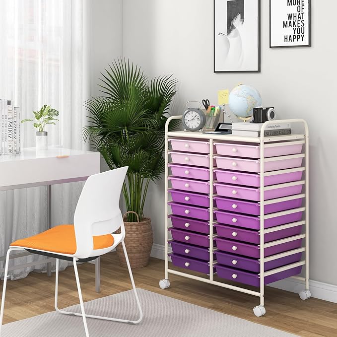 Giantex 20 Drawers Rolling Cart, Mobile Storage Drawer Cart, Classroom Organizer Cart for Office School Supplies Tools Scrapbook Paper Craft Small Printer, Utility Cart on Wheels, Gradient Purple