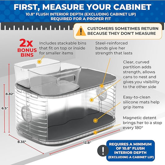 Mighty Susan 2-Tier Lazy Susan Pantry Organizer – Steel Reinforced Turntable for Kitchen Cabinets & Pantry Storage – Heavy-Duty Can Organizer Holds Up to 30 lbs – Rotates 360° – Includes 2 Bonus Bins