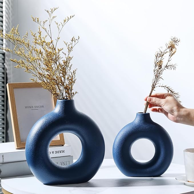 Blue Ceramic Donut Vase Set of 2, Hollow Round Matte Pampas Flower Vases for Boho Home Wedding Party Room Dinner Table Shelf Decor.(Blue)