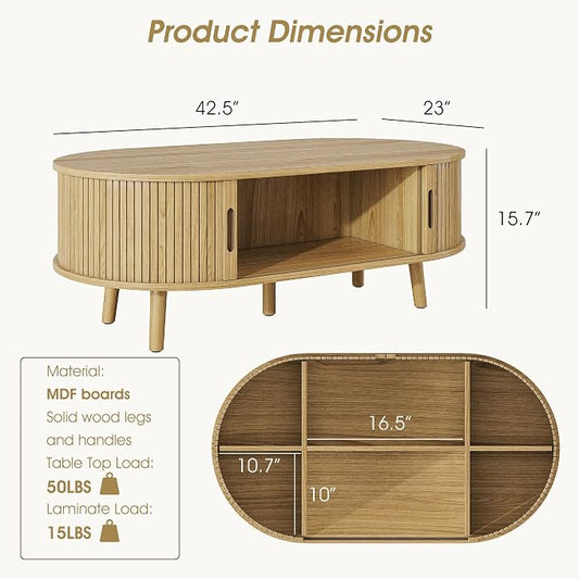 Alohappy 42.5" W Oval Coffee Table, Mid Century Modern Coffee Table with Sliding Tambour Door, Fluted Center Table with Hidden Storage, Curved Accent Table for Living Room, Home Office,Natural Oak