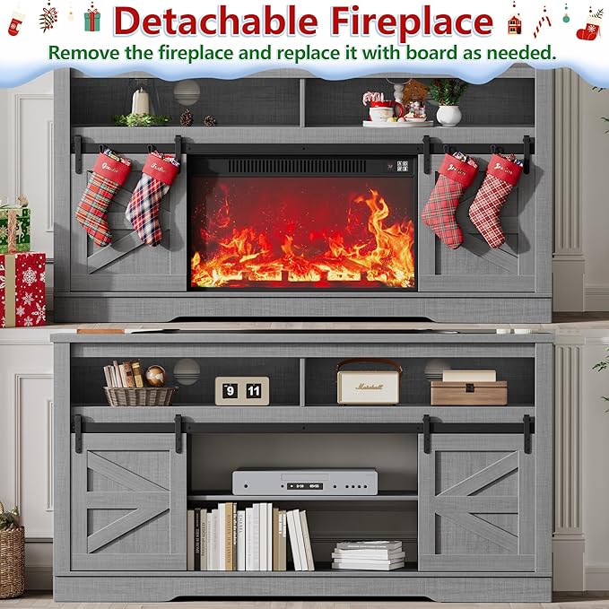 JUMMICO Fireplace TV Stand for 65+ Inch TV with 26'' Fireplace Entertainment Center with Storage Cabinet and Adjustable Shelves Media Console with Sliding Barn Door for Living Room (Pale Gray)